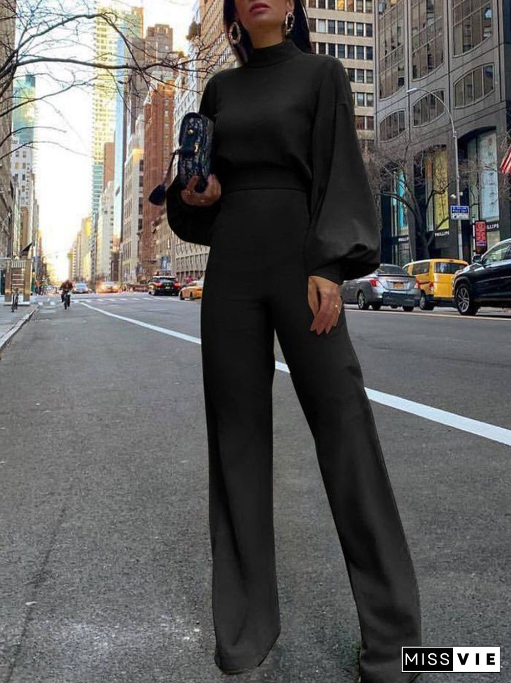 Women's Jumpsuits High Neck Open Back Long Sleeve Wide-Leg Jumpsuit