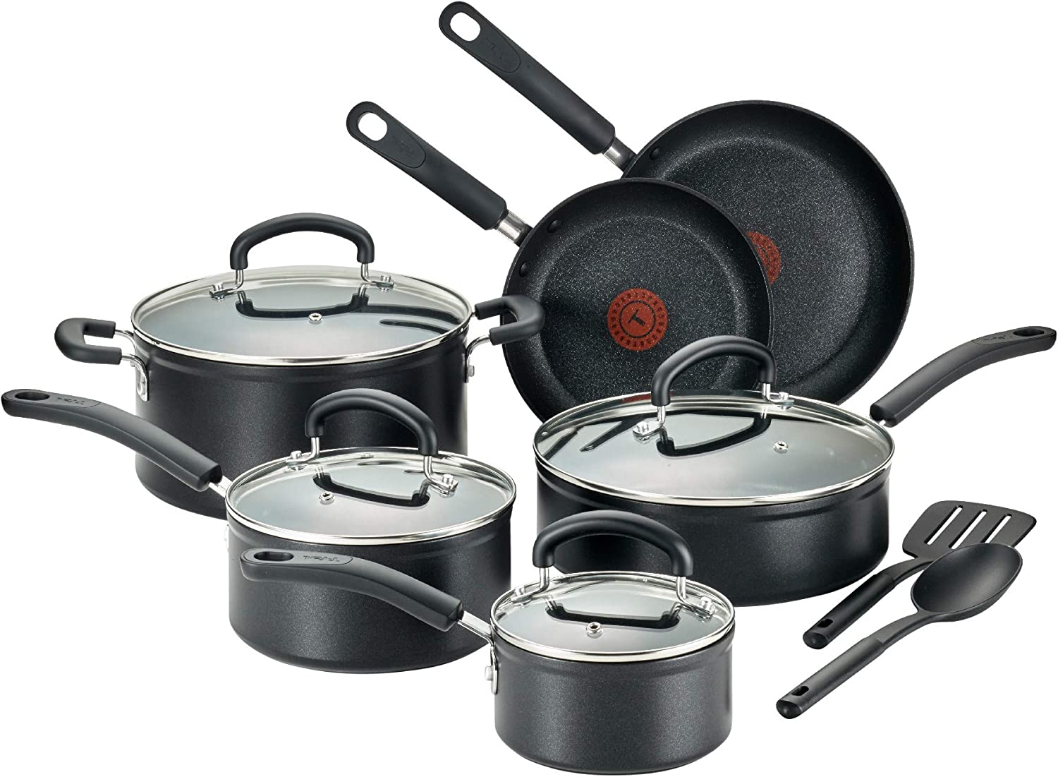 T-fal C561SC Titanium Advanced Nonstick Thermo-Spot Heat Indicator Dishwasher Safe Cookware Set， 12-Piece， Black