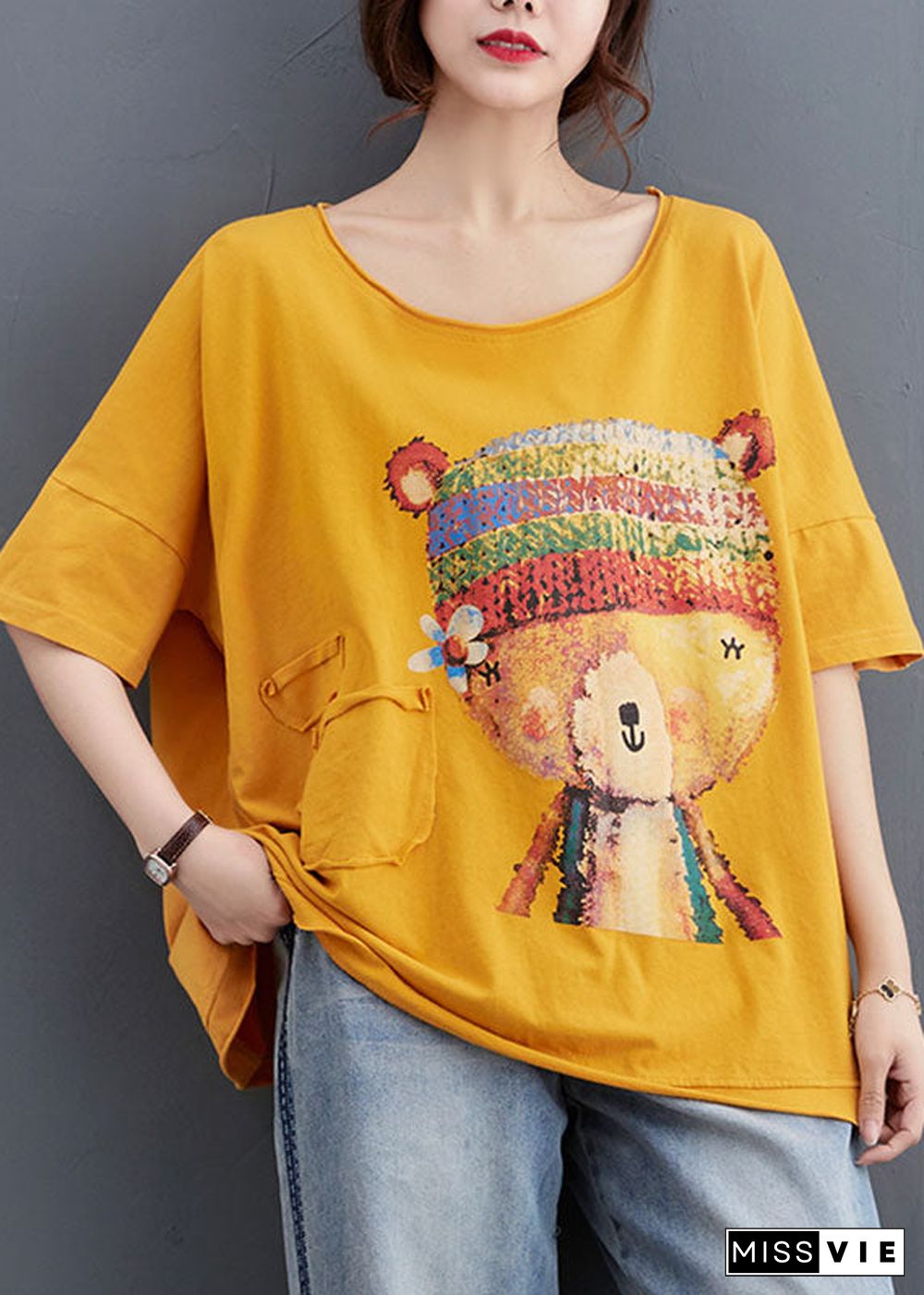 Fashion Yellow Loose O-Neck Print Fall Tees Half Sleeve