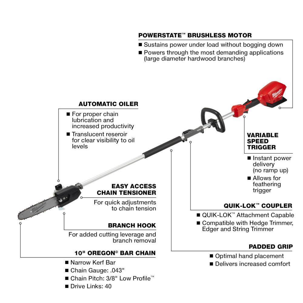 MW M18 FUEL 10 in. 18-Volt Lithium-Ion Brushless Cordless Pole Saw with 16 in. Cordless Electric Chainsaw Kit 2825-20PS-2727-21HD