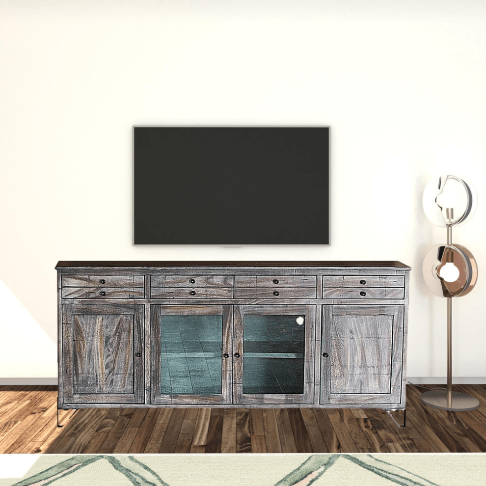 80 quotGray Solid Wood Cabinet Enclosed Storage Distressed TV Stand   Industrial   Entertainment Centers And Tv Stands   by HomeRoots  Houzz