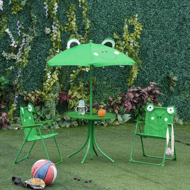 Outsunny Folding Kids Table And Chair Set Picnic Table With Frog Pattern Removable amp Height Adjustable Sun Umbrella For Garden Backyard Green