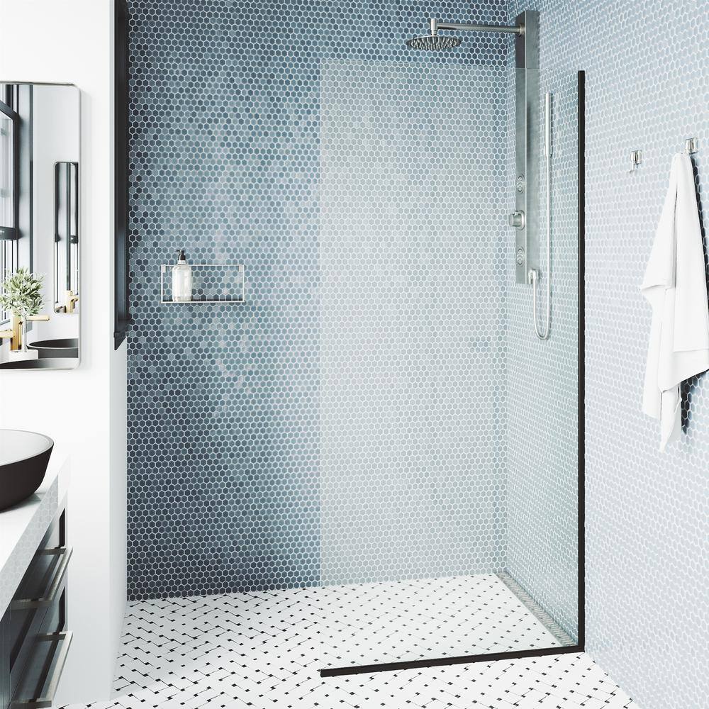 VIGO Zenith 34 in. W x 74 in. H Frameless Fixed Shower Screen Door in Matte Black with 38 in. (10mm) Clear Glass VG6075MBCL3474