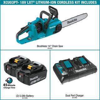 Makita LXT 14 in. 18V X2 (36V) Lithium-Ion Brushless Battery Rear Handle Chain Saw Kit w (2) Batteries 5.0Ah Charger XCU03PT