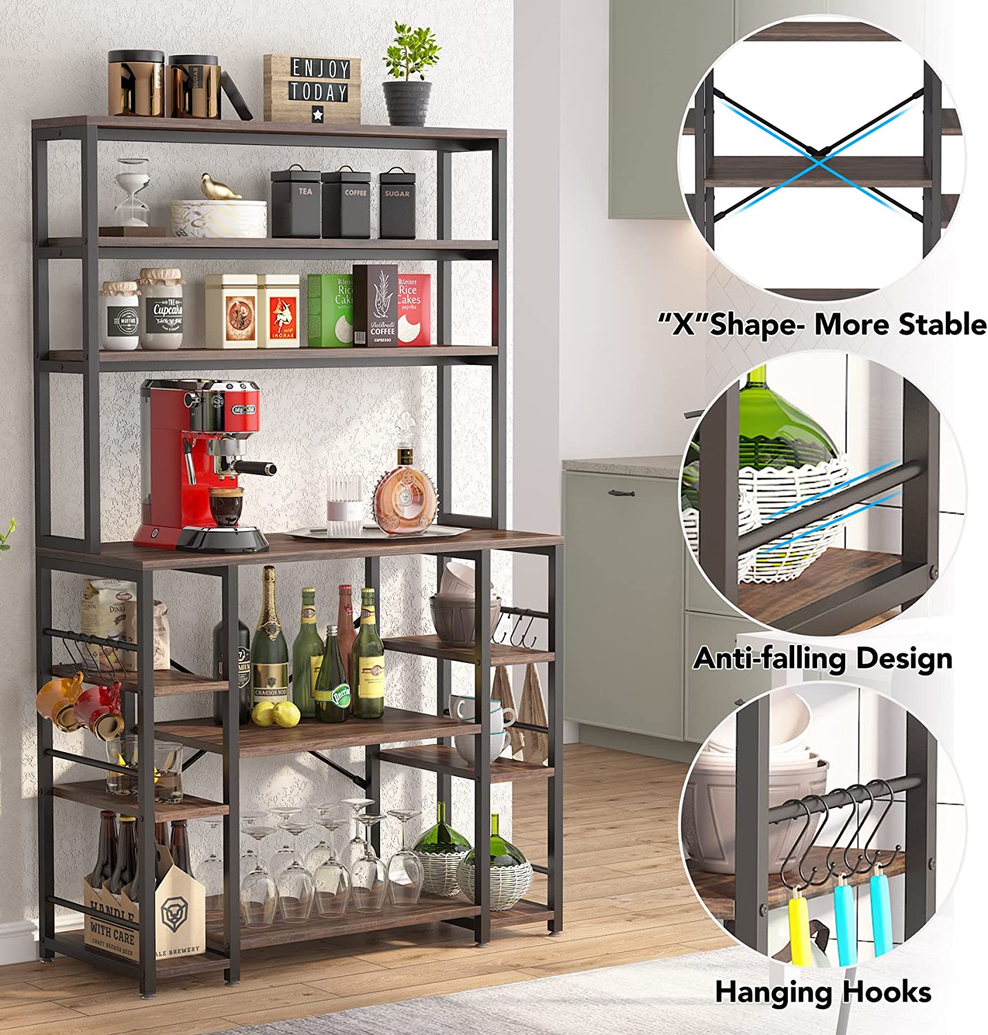 Tribesigns 6 Tiers Kitchen Bakers Rack with Hutch， Microwave Oven Stand， Wood Coffee Bar Table with Shelves， Large Baker's Rack Organizer with Storage