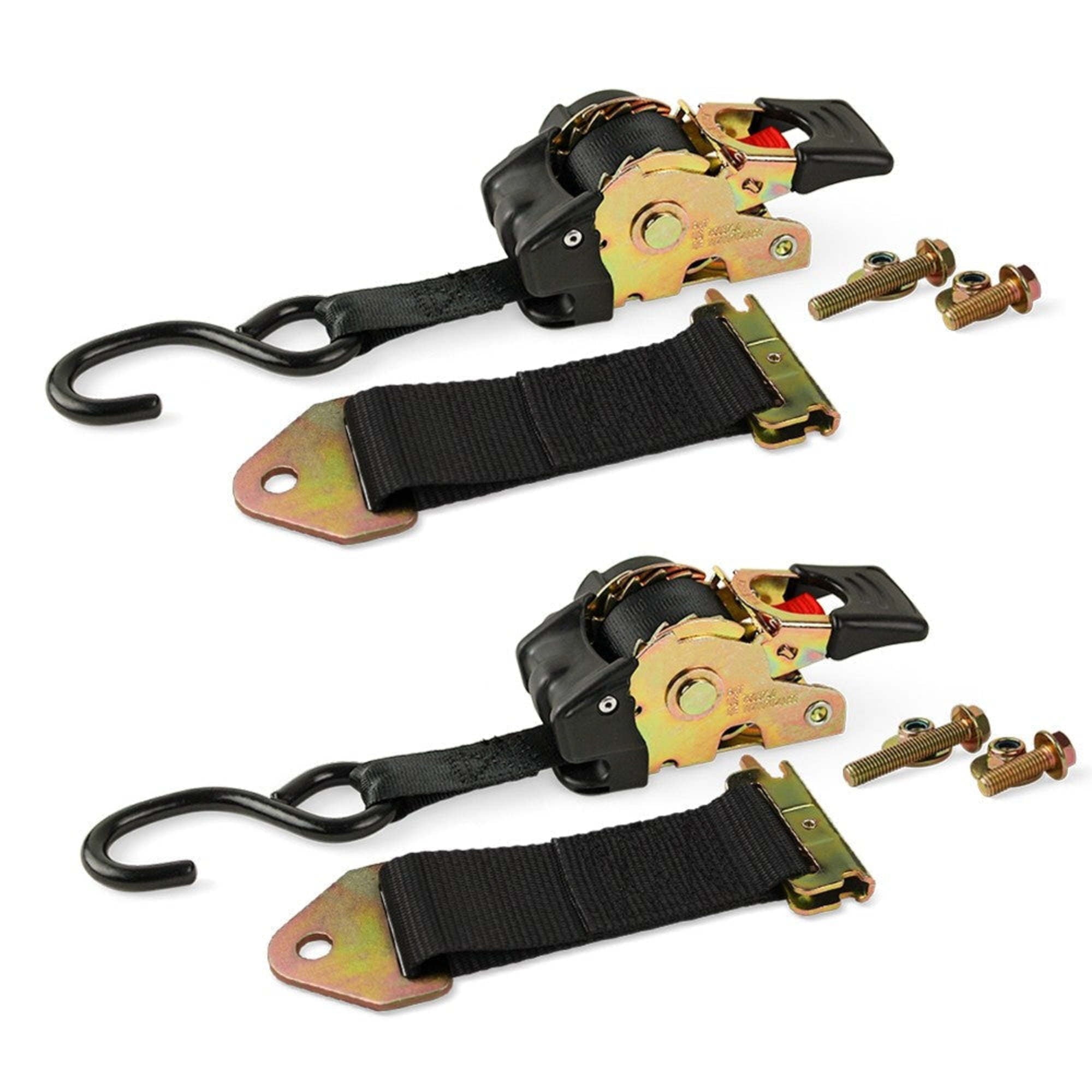 "DC Cargo Mall 2 Quick n Easy AutoRetract Strap Cargo Tie Downs - Retractable 1"" x 6' Bolt-on or E-Track Fitting Ratchet Straps w/S Hook for Trailers & Pickups"