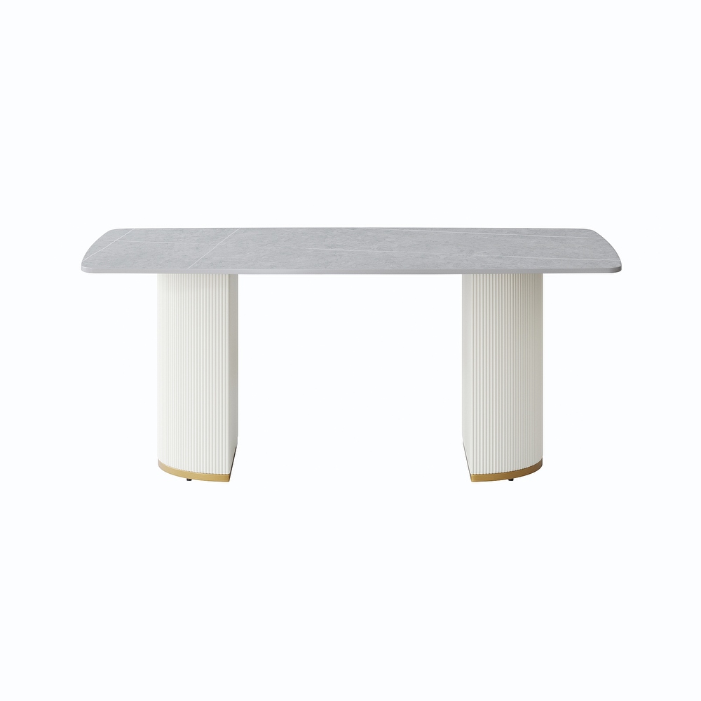 71 '' Modern Dining Table for 8  Rectangular Curved Marbel Tabletop + Beige Double Pedestal   N/A