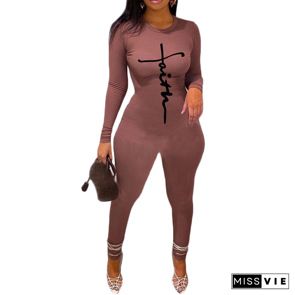 Long Sleeve Round Neck Printed Jumpsuit