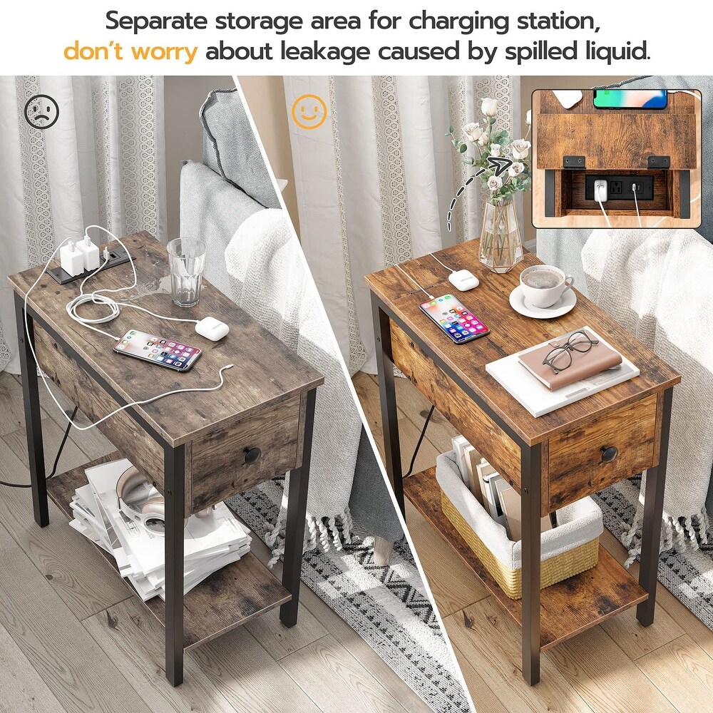 Side Table with Charging Station  Narrow Nightstand with Drawer   USB Ports   Power Outlets  End Table for Small Spaces