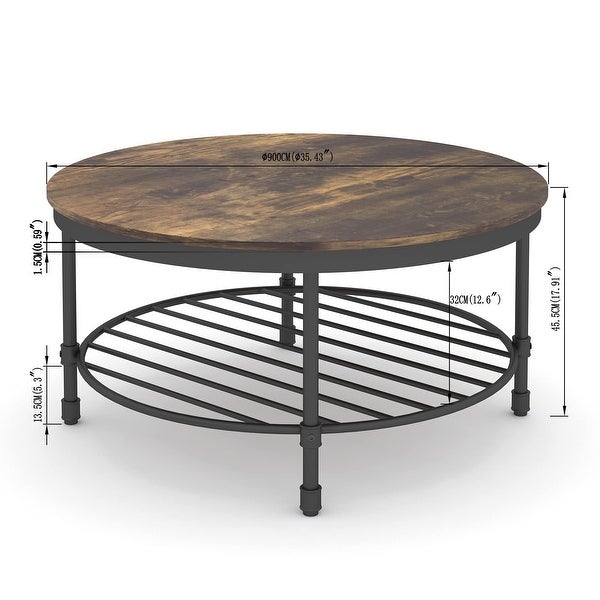 2-Tier Round Coffee Table， Industrial Coffee Table for Living Room， Wooden Tabletop Rustic Steel Accent Table