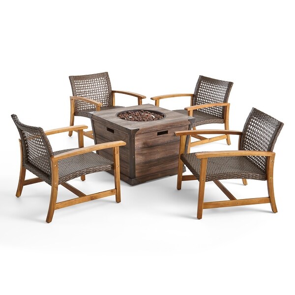 Hampton Outdoor Wood and Wicker Club Chair Set with Fire Pit by Christopher Knight Home