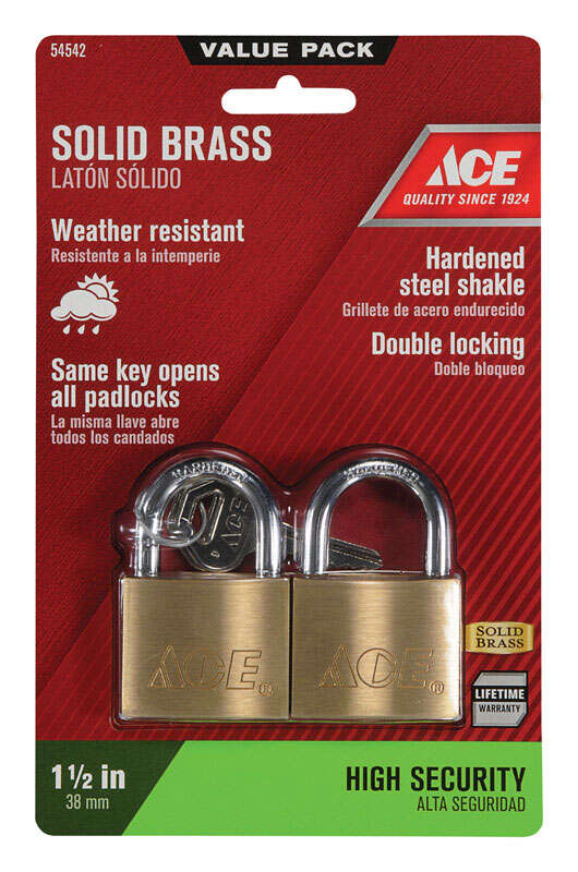 Ace 1-5/16 in. H X 1-1/2 in. W X 17/32 in. L Brass Double Locking Padlock Keyed Alike