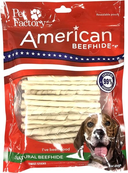 Pet Factory Beefhide 5-inch Twist Sticks Natural Flavored Dog Hard Chews， 1-lb bag