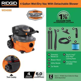 RIDGID 4 Gallon 6.0 Peak HP WetDry Shop Vacuum with Detachable Blower Fine Dust Filter Locking Hose and Accessories WD4080