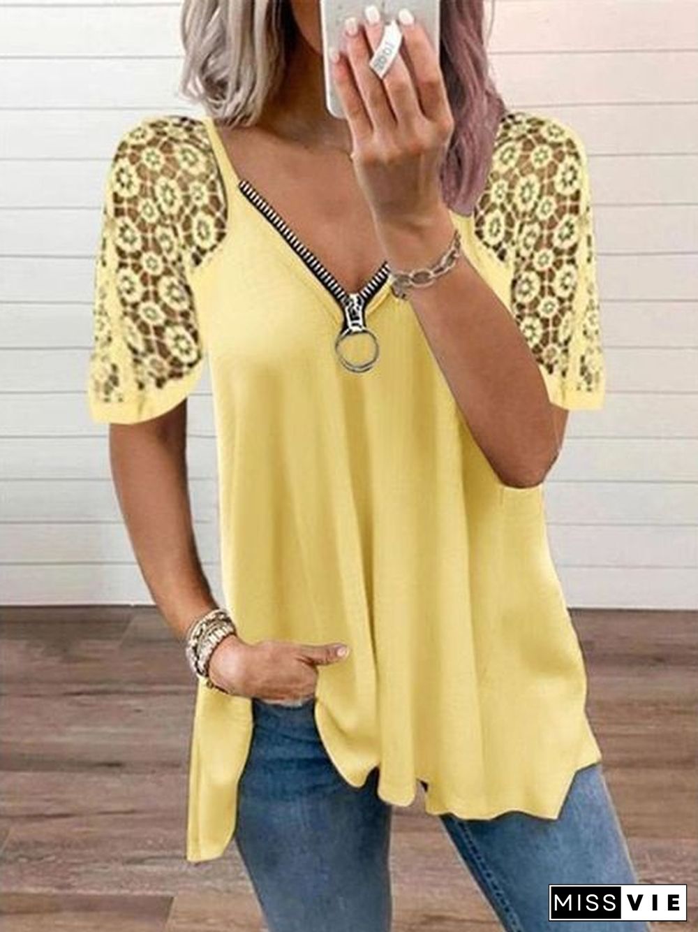 Casual Lace Patchwork V-neck Hollow Out T-Shirts