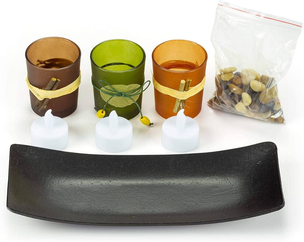 Natural Candlescape Set, 3 Decorative Candle Holders, Rocks and Tray