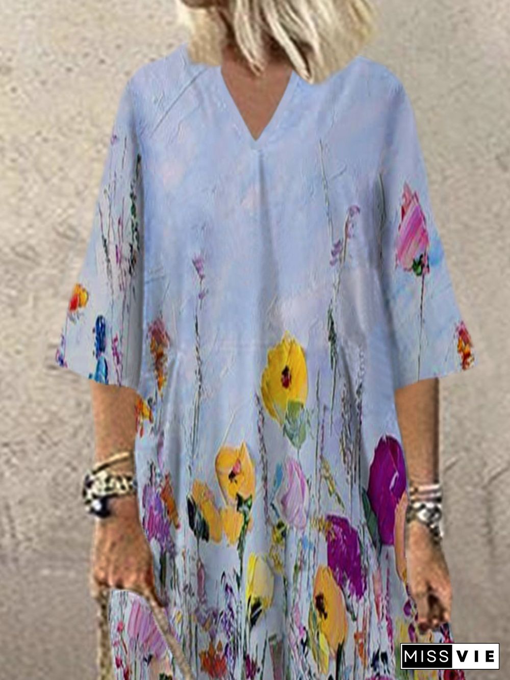 V Neck Floral 3/4 Sleeve Plus Size Casual Dresses