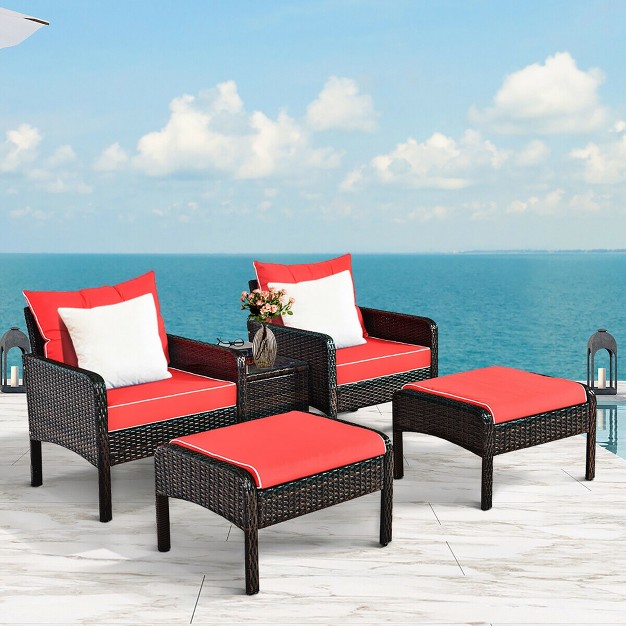 Costway 5 Pcs Patio Rattan Furniture Set Sofa Ottoman Table W cushion Garden Red