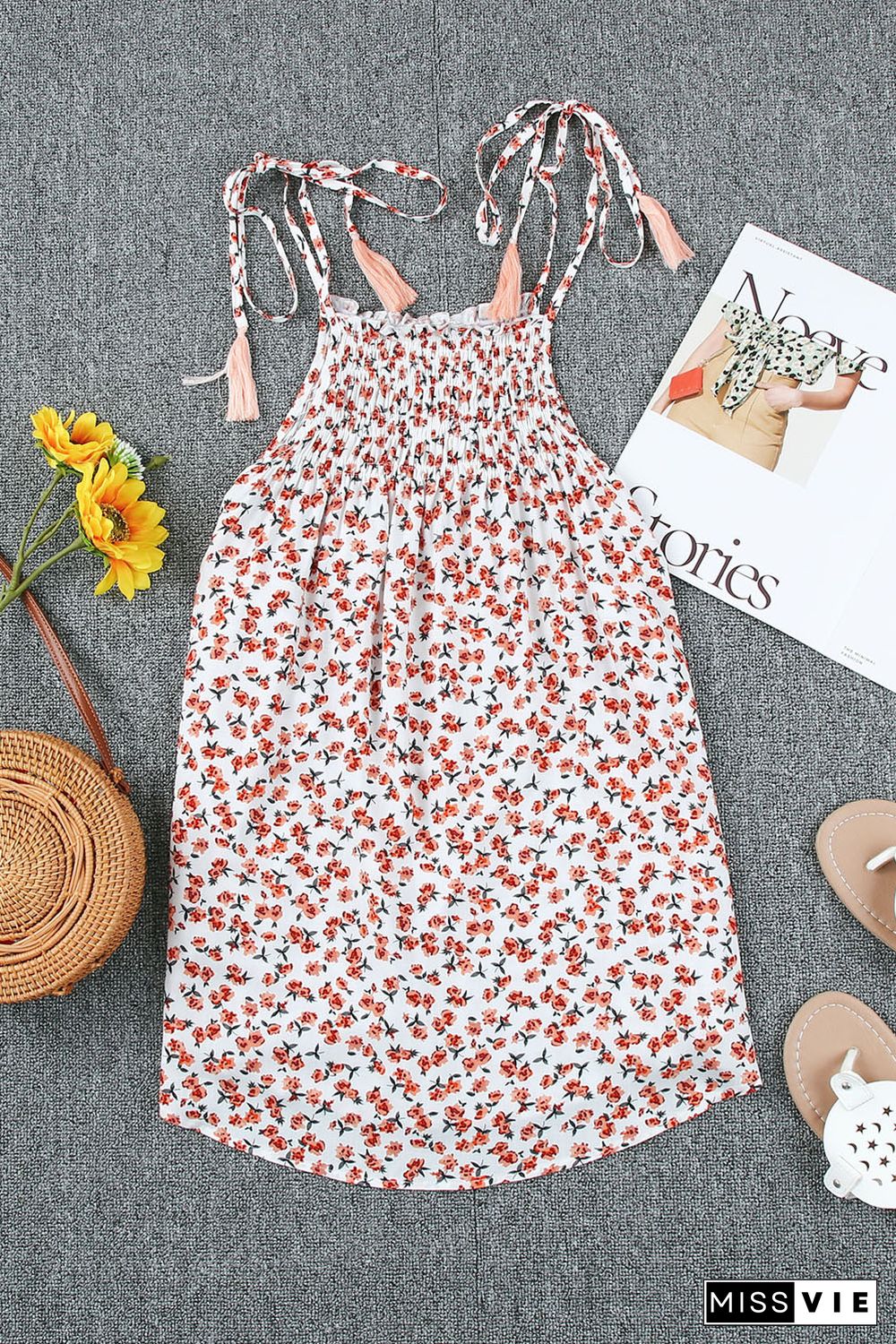 Floral Print Tassel Drawstring Lace-up Tank Top