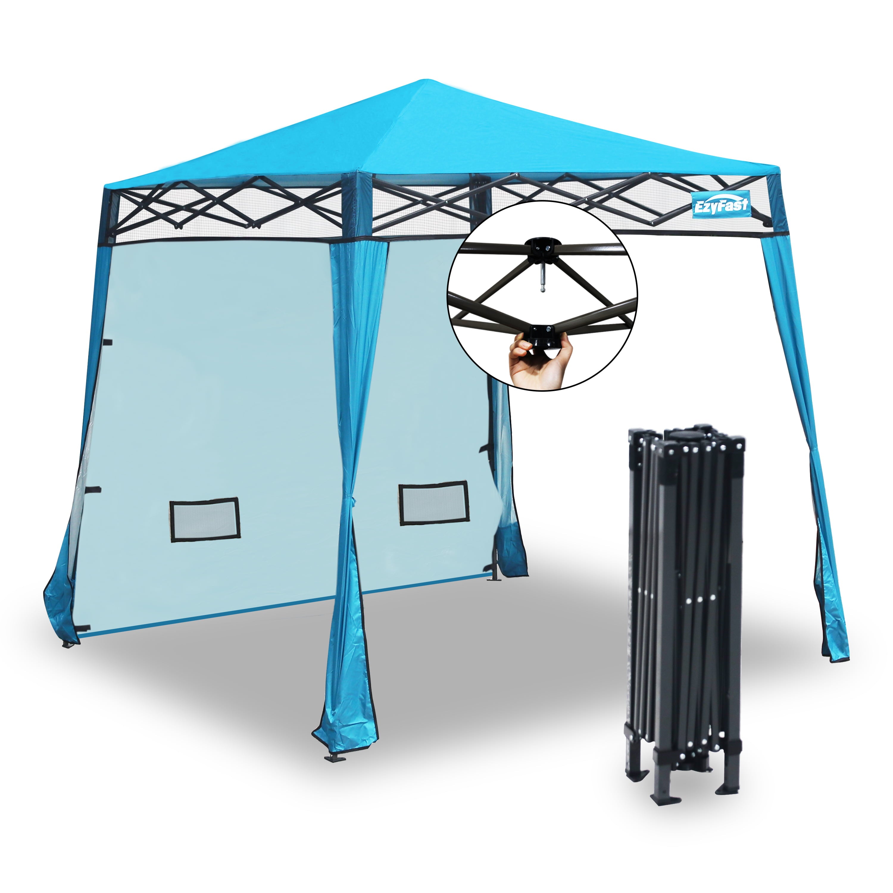 EzyFast Pop up Canopy Tent， Blue Sports  and Beach Cabana with Wall and Built-in Weight Bags， 8'x8' Base/6'x6' Top