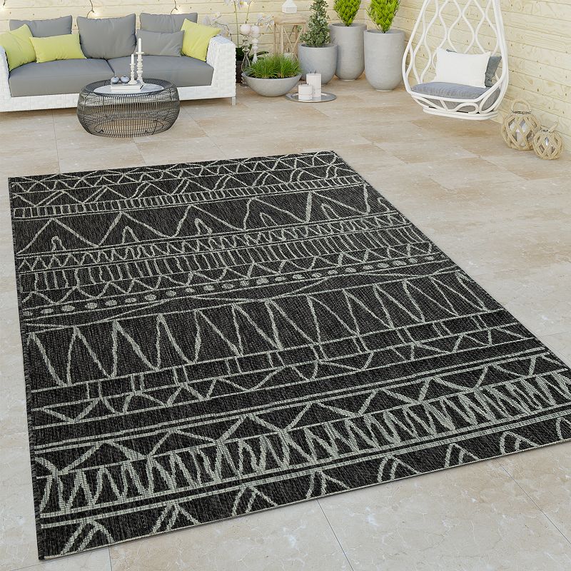 Black Grey Outdoor Rug Modern Ethnic pattern for Patio/Balcony