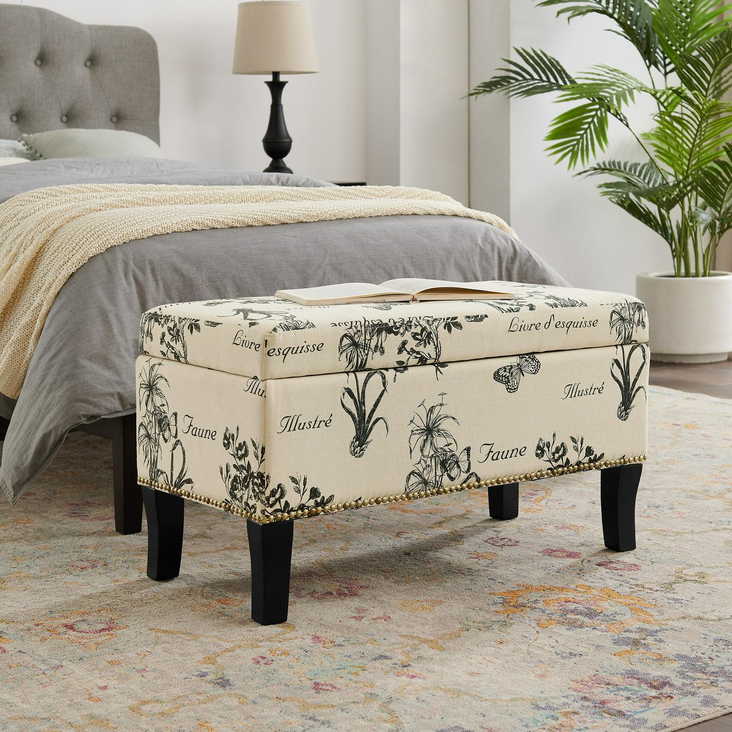 Linon Stephanie Storage Ottoman Botanical Linen Fabric  Crowdfused