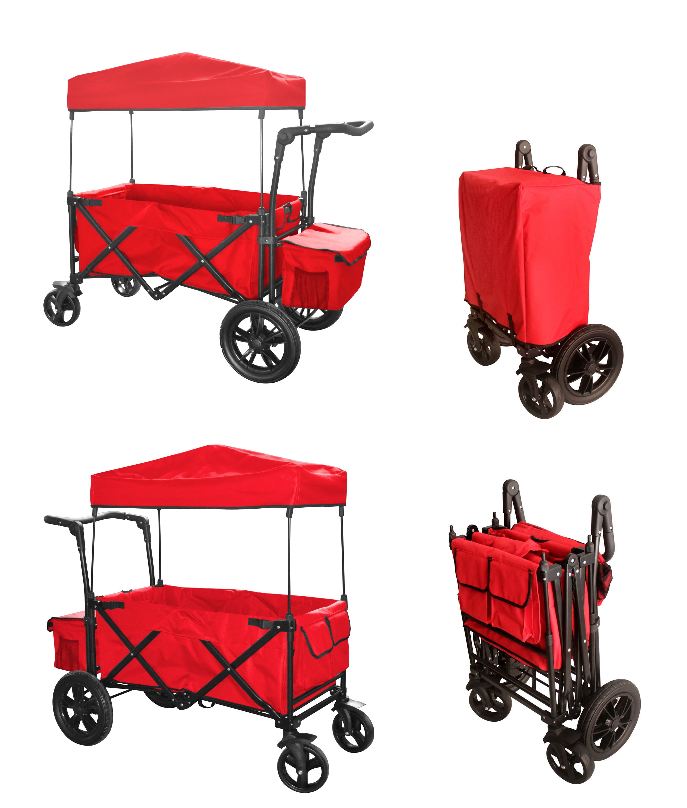 Red Push And Pull Handle With Rear Foot Brake Folding Stroller Wagon W/ Canopy Outdoor Sport Collapsible Baby Trolley Garden Utility Shopping Travel Cartfree Carrying Bag - Easy Setup No Tool Need