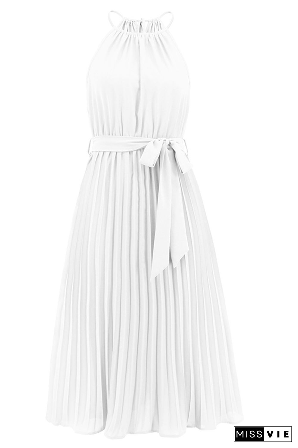 Plain Halter Sleeveless Pleated Midi Dress