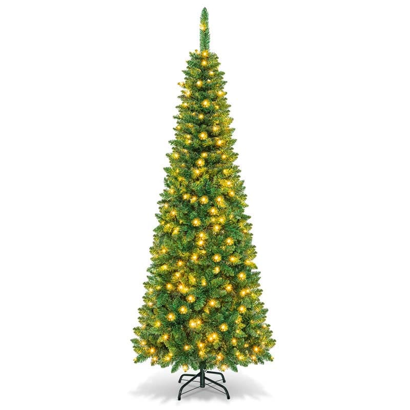 4.5/6.5/7.5FT Pre-Lit Artificial Slim Pencil Christmas Tree with Hinged Branch Tips, LED Lights & Solid Metal Stand