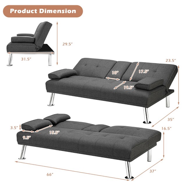 Costway Convertible Folding Futon Sofa Bed Fabric W 2 Cup Holders Light Gray dark Gray