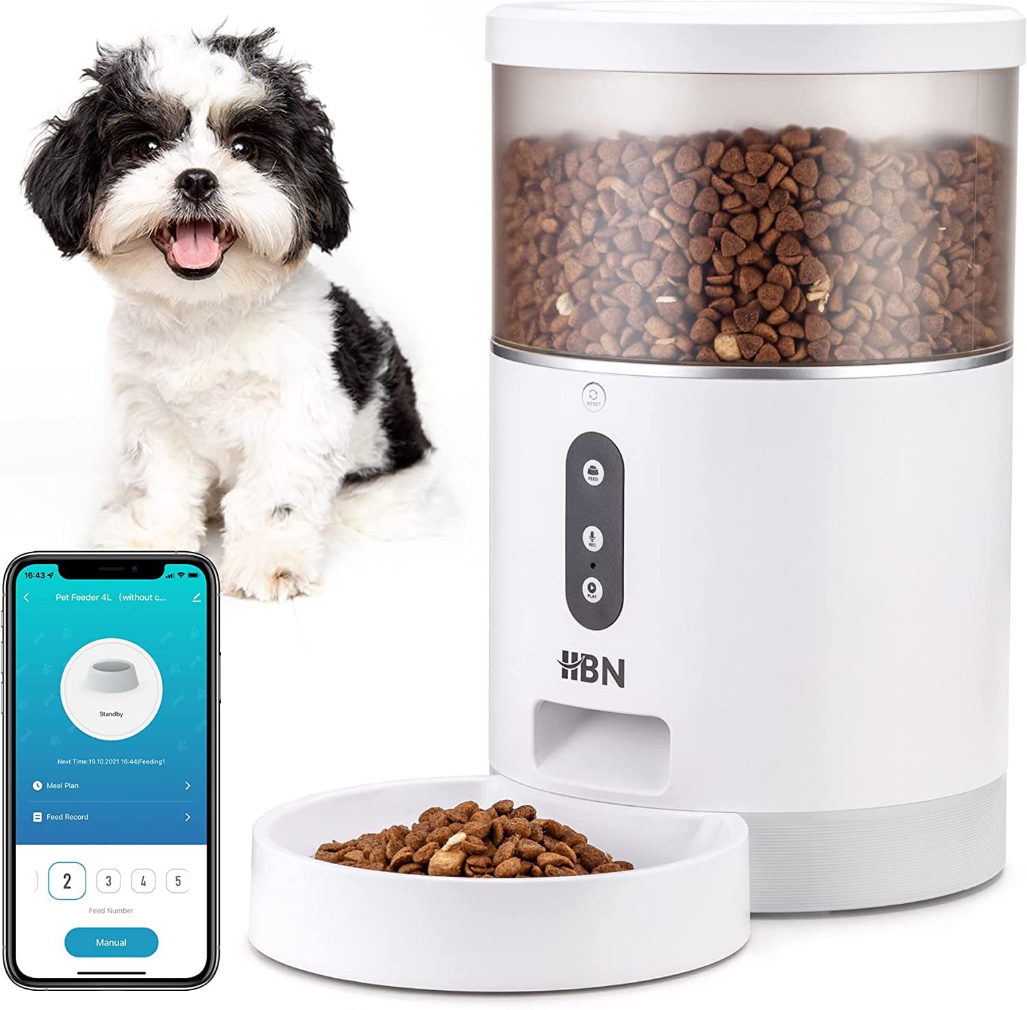 HBN Automatic Cat Feeder， 4L Smart Cats Dogs Feeder， Auto Pet Food Dispenser with Portion Control and Voice Recorder， 2.4G Wi-Fi Enabled App Control