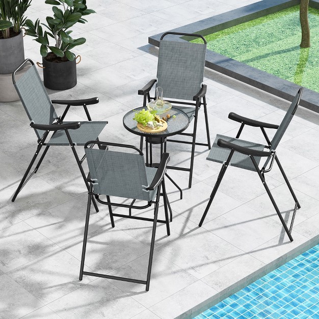 Tangkula 4 Pcs Patio Bar Chair Folding Bar Height Metal Frame W Footrest Garden Blue