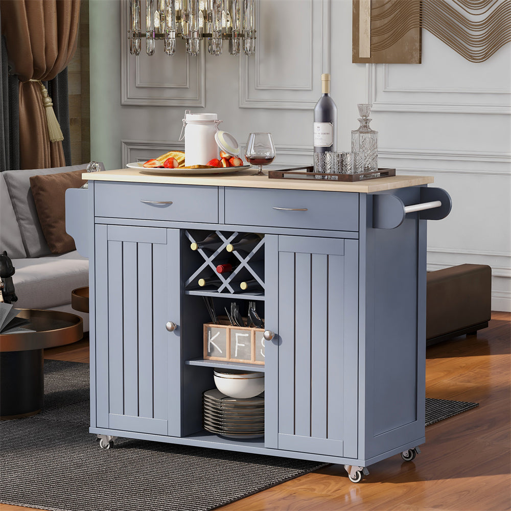 Modern Rolling Mobile Kitchen Island Cart with Wine Rack， 2 Storage Cabinets， Towel Rack and 2 Drawers， Kitchen Island Cart with 4 Locking Wheels for Kitchen， Dining Room and Hallway， Grey Blue