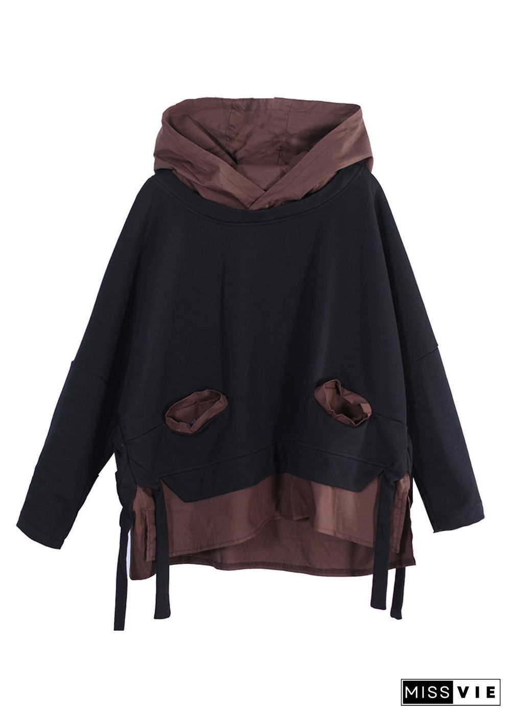 French Khaki Pockets Patchwork Tie Waist Low High Design Hooded Sweatshirt Long Sleeve