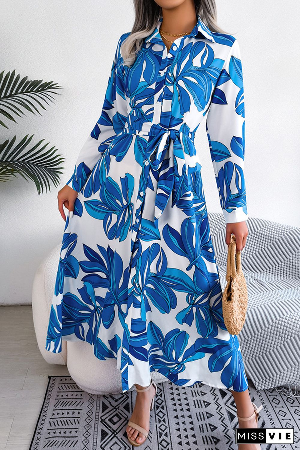 Contrast Print Button UP Split Shirt Dress