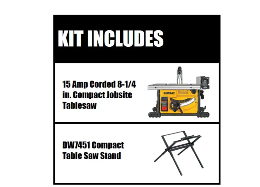 DEWALT DWE7485 15 Amp Corded 8-1/4 in. Compact Jobsite Tablesaw with Compact Table Saw DW7451 Stand