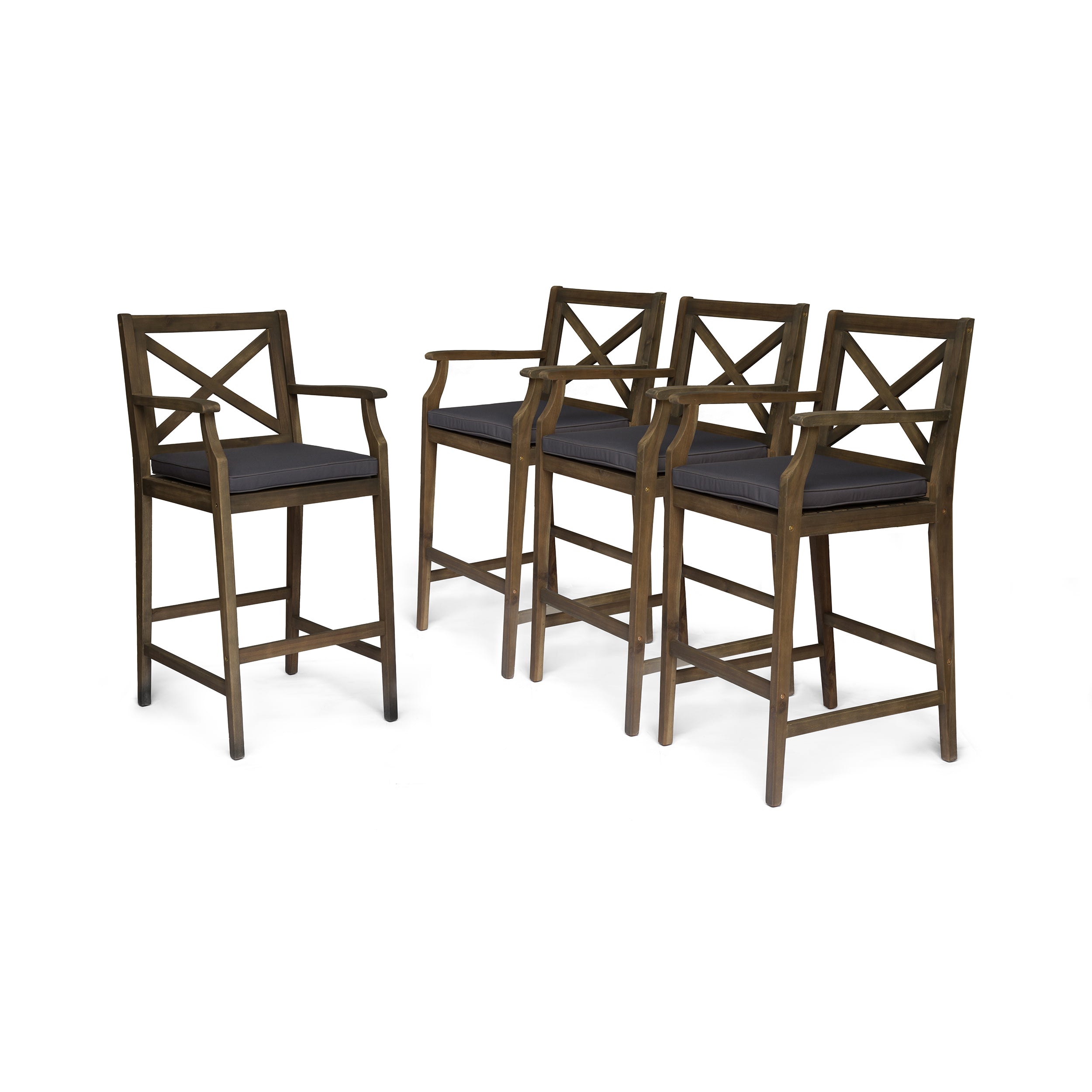 Doric Outdoor Rustic Acacia Wood Barstools with Cushions (Set of 4)