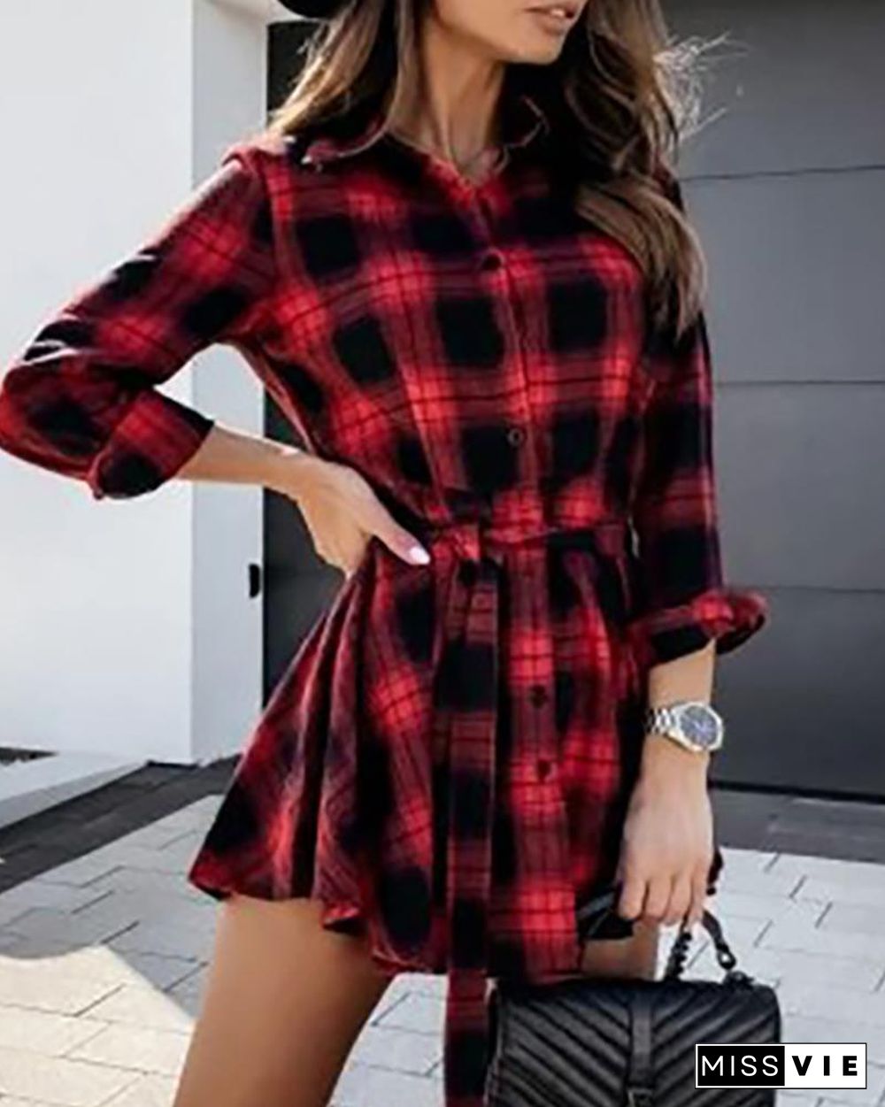 Plaid Colorblock Long Sleeve Shirt Dress P13915