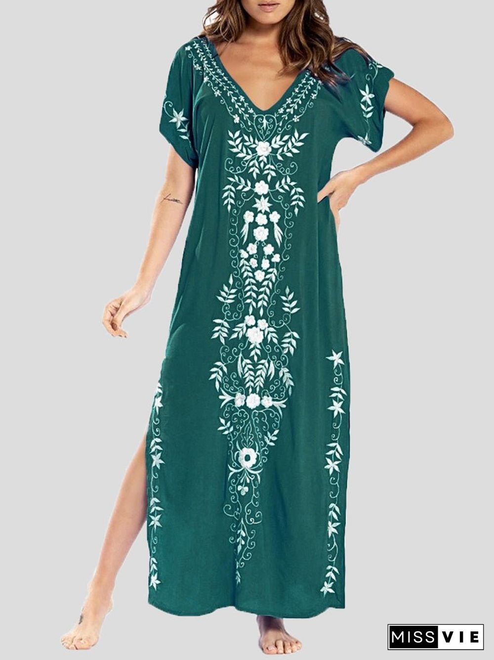 Women'S Dresses Loose V-Neck Vintage Print Slit Maxi Dress