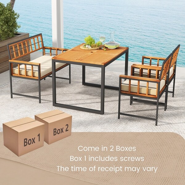 Gymax 4 PCS Acacia Wood Patio Dining Set w/ 1 Rectangular Table 1