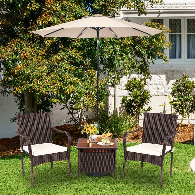 Tangkula 3 Pcs Patio Furniture Set Pe Wicker Bistro Set W acacia Wood Coffee Table amp Umbrella Hole For Backyard Garden Poolside