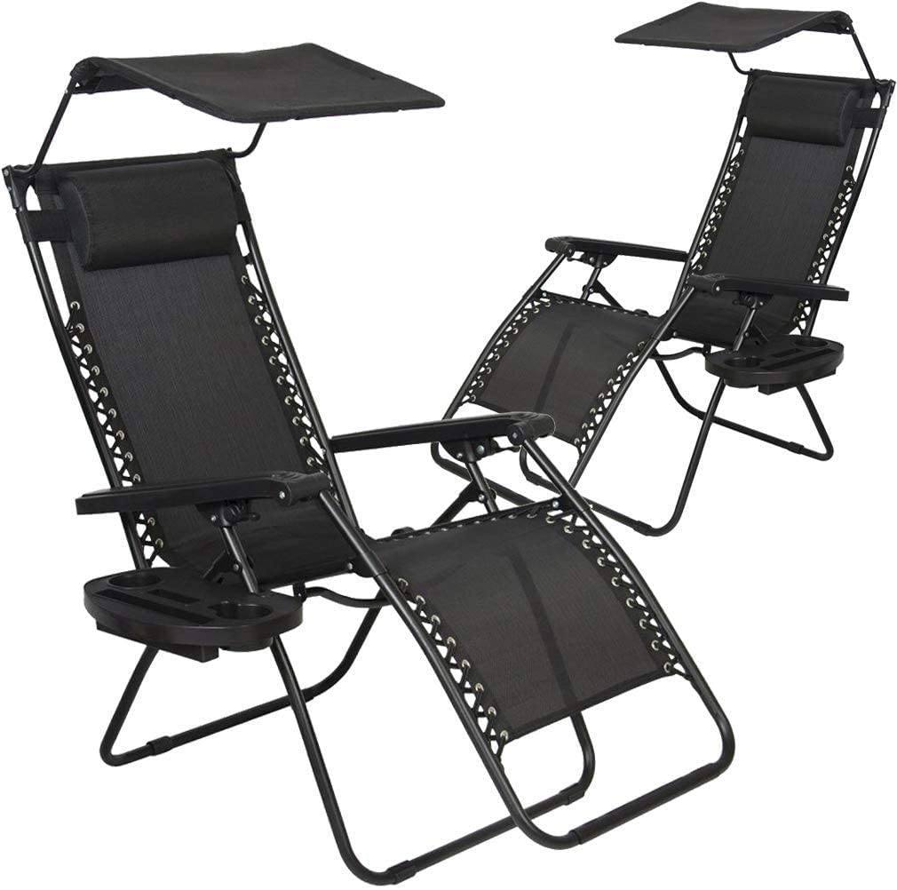 YRLLENSDAN Zero Gravity Chair Set of 2 with Canopy Cup Holder and Cushions, 250lbs Capacity Folding Outdoor Lounge Chairs Camping Chairs for Adult Lawn Chairs Recliner Chair Patio Chairs, Black