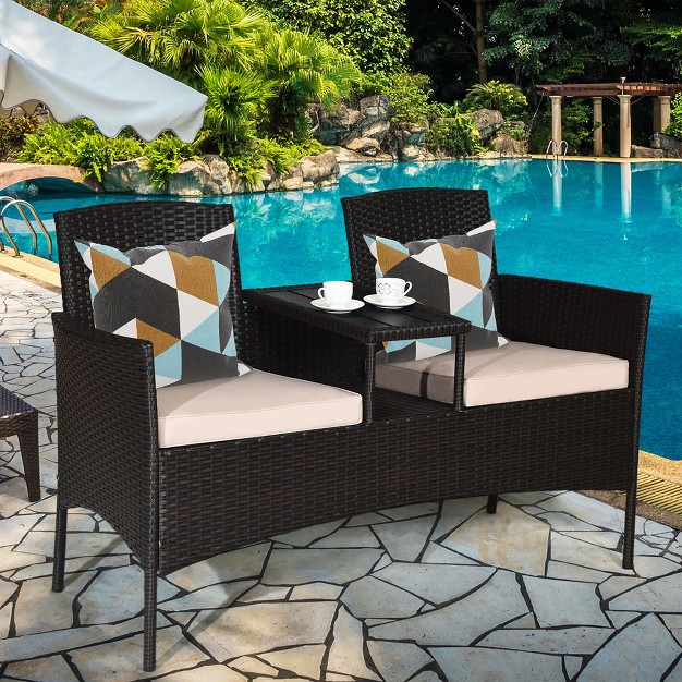 Costway Patented Patio Rattan Conversation Set Loveseat Sofa Cushioned Coffee Table Mix Brown