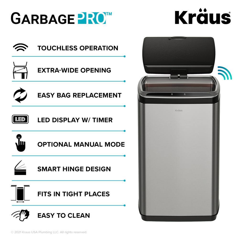 KRAUS Garbage Pro Rectangular 13 Gal. Motion Sensor Trash Can in Stainless Steel with Soft Shut Lid KTCS-10SS