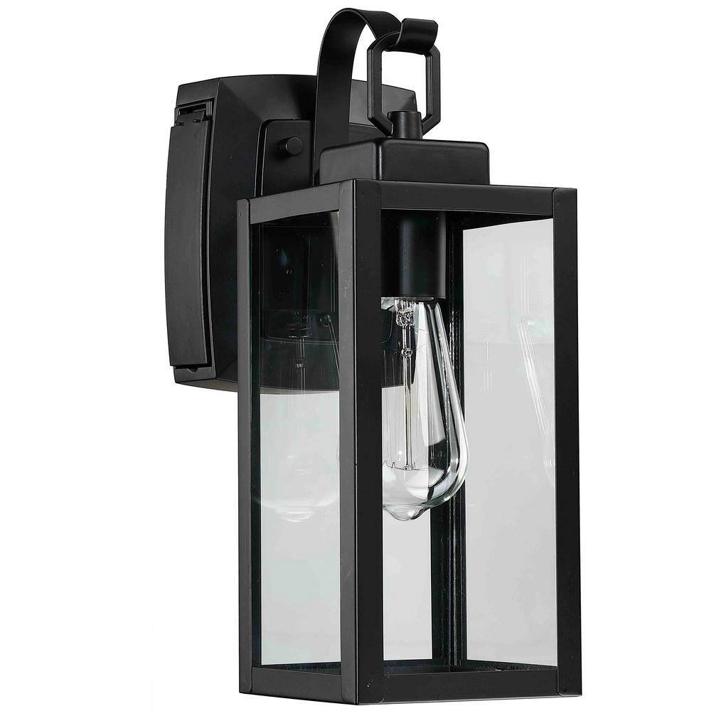 Uixe 1-Light Matte Black Light Outdoor Wall Lantern Sconce with Clear Glass and Built-In GFCI Outlets SSL-12151-GFCI