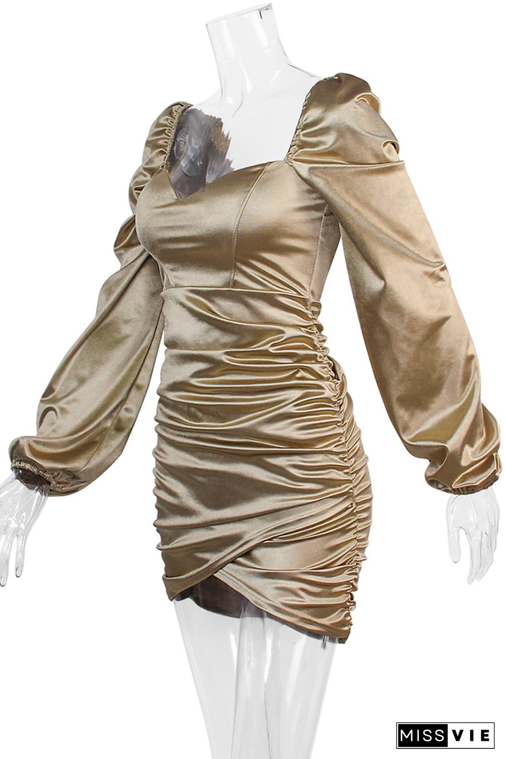 Gold Puffy Sleeves Ruched Bodycon Dress