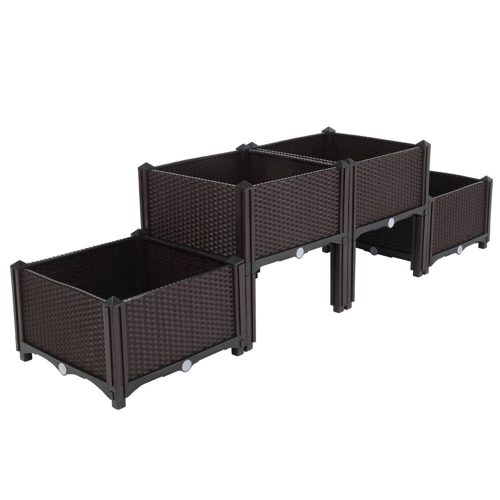 Set of 4 Plastic Raised Garden Bed Elevated Planter Box Kit Rattan Pattern with Compact Footprint Perfect for Flowers Vegetables and Herbs