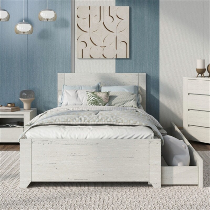 3 Pieces Simple Style Manufacture Wood Bedroom Sets with Twin bed  Nightstand and Chest  Stone Gray