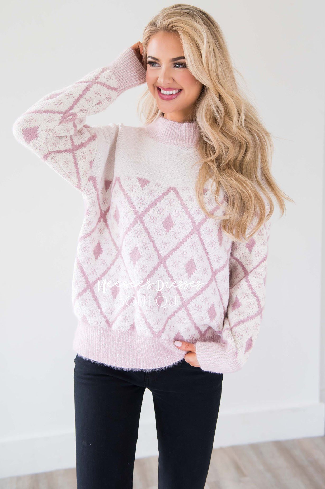 Dusty Pink & Ivory Diamond Print Sweater