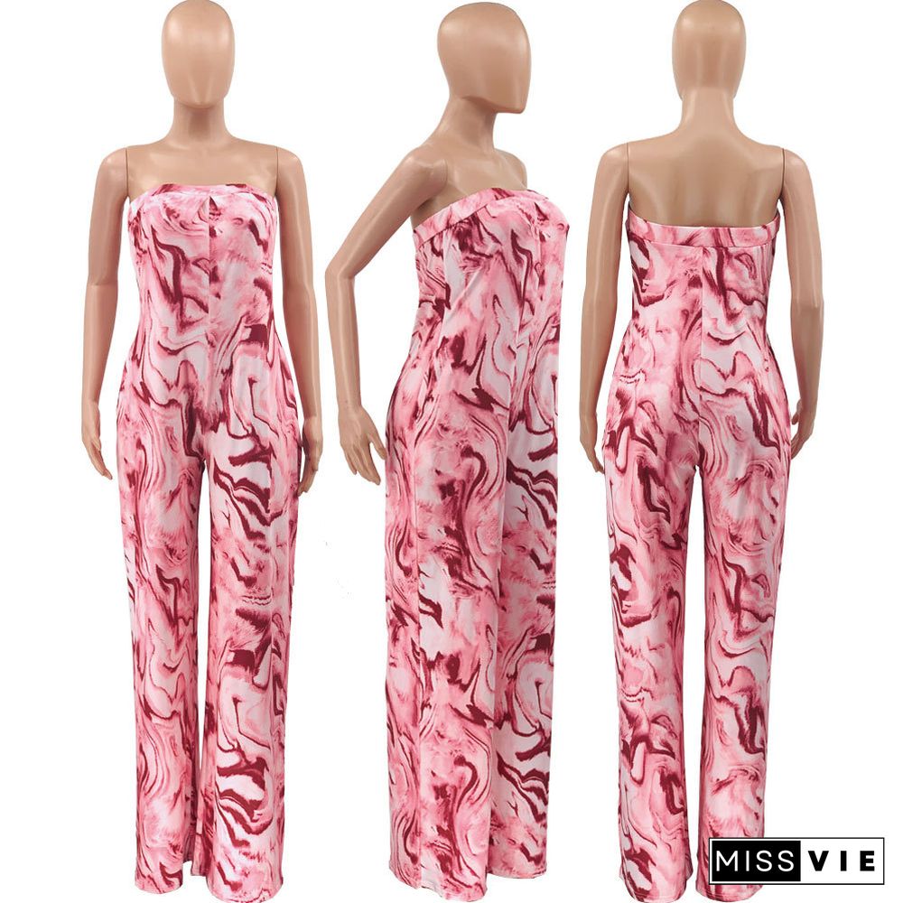 Tie Dye Print Strapless Loose Wide Leg Jumpsuit